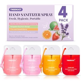 Treeroot 4-Pack Hydrating Hand Sanitizer Spray, Alcohol-Free Travel Size Pocket Sanitizer with Keychain Hook, Silver Ion Moisturizing Rinse-Free Hand Washcloths Sprayer, Women Travel Essentials
