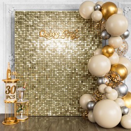 Qcity Light Gold Shimmer Wall Backdrop, 30PCS Square Sequin Glitter Backdrop Panel for Birthdays, Wedding, Anniversary, Graduation, Engagement, Baby Shower and Disco Party Decoration