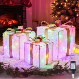 Set of 3 Christmas Decorations Lighted Gift Boxes with Bows，12" 10" 8" with 60 Pre-Lit Mini String Lights，Foldable LED Xmas Present Boxes for Tree Indoor Outdoor Holiday Party Yard Home Decor