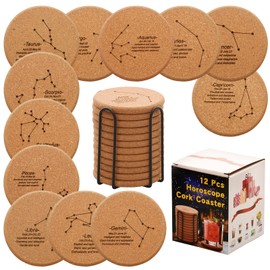 12 Pcs 4 Inch Horoscope Cork Coaster with Holder for Drinks Absorbent for Coffee Table Wooden Coaster Set Tabletop Protection Cup Mat Bar Kitchen Living Room House for Bar Glass Cup Table