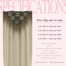 PINKPEARL Clip in Hair Extensions Real Human Hair, 16 Inch 120g 7pcs Human Hair Extensions Clip In, #8/60/18 Balayage Ash Brown to Platinum Blonde and Ash Blonde(#8/60/18-16)