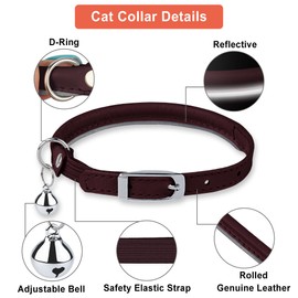 OOPSDOGGY Rolled Leather Cat Collar with Bell, Reflective Kitten Collars with Buckle Include Safety Elastic Strap - Adjustable Small Pet Collars for Boy Girl Cats (Burgundy)