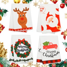 Christmas Corner Set of 4 Tea Towels, Kitchen and Cooking Tea Towels Gifts for Bakers & Chefs - Christmas Dish Towels Elk, Gnomes, Santa or Christmas Wreath Pattern Home Kitchen Cloth