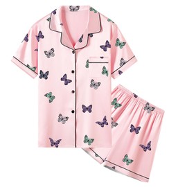 Umeyda Girls Satin Pajamas Set, 2 Piece Silk Pajamas Sets Sleeve Button Down Sleepwear 2 Pjs Lounge Sets, Baby Pink Butterfly, 3-4T = Tag 110