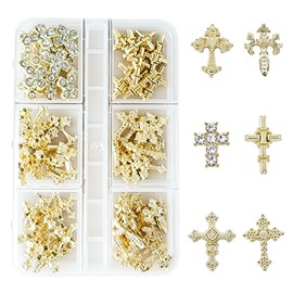 3D Cross Nail Charms for Nail Art, 60 Pcs Alloy Metal Crystal Cross Nail Decorations for Women & Girls, DIY Jewelry Crafts Supplies for Salons and Fashion Events (Gold)
