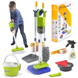 ACROFEK 14Pcs Kids Cleaning Toy Set, Toddler Cleaning Set with 2 in 1 Kids Vacuum That Really Works, Mop, Broom & Dustpan, Pretend Play Home Cleaning Playset for Boys & Girls Ages 3+ (Blue)