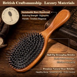 Boar Bristle Hair Brush Since 1965 British Craftsmanship Handmade | Natural Wood Slick Back Hairbrush, Gentle Detangling Women Men Kids Curly Thick Fi