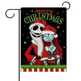Dyrenson Merry Christmas Jack Skellington Decorative Garden Flag, Xmas Sally Yard Outside Home Decorations, Funny Winter Holiday Burlap Outdoor Small Decor Double Sided 12 x 18