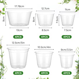 Hoolerry 12 Set Clear Nursery Pots for Plants, 3/4/5 Inch Transparent Plastic Plant Pots with Drainage Holes and Deep Trays, Garden Pots for Plants Flowers Indoor Outdoor