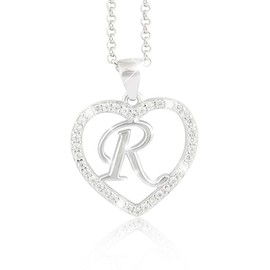 PAVELS R Necklace with Pendant Letter Chain Silver 925 Heart Sterling Silver Chains with Name Initial Letters Gifts for Her, Silver, Cubic Zirconia