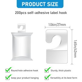 Mozeat Lens 200pcs Clear PET Adhesive Tabs for Hanging, Foldable Storage Hooks, Max Weight 200lbs, Hang Tags for Retail Display in Business Shops, Offices, Home