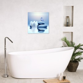 EOBTAIN Zen Canvas Wall Art Blue Floral and Butterfly on Stone Framed Wall Art for Bathroom Living Room Bedroom Modern Spiritual Yoga Spa Picture Canvas Art Wall Decor,12x12 Inches