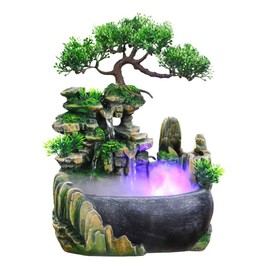 Indoor Fountain, Tabletop Water Fountain Desktop Meditation Waterfall Fountain with Rockery, Plant, Atomizing Humidifier for Office, Home, Bedroom Desk Décoration(US 110V)