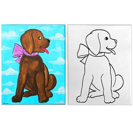 INDIGO ART STUDIO 8" by 10" Pre Drawn Canvas Puppy Dog Cute Acrylic Painting Art Activity 12 Premium Colors 2 Paint Brushes Smock Kids & Adult Sip and Paint Party Favor Party Suplies