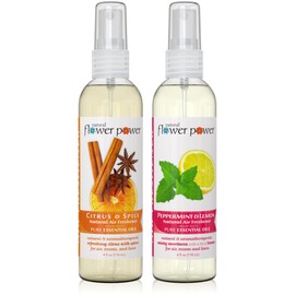 Natural Flower Power Air Freshener Spray - 4 Fl Oz Pack of 2 - Scented w/Pure Essential Oils - Plant-Based Odor Eliminator - Room, Linen, or Car Spray (Cirtrus & Spice + Peppermint & Lemon)