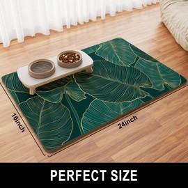 TMOODEL Dog Food Mat, 16" x 24" Absorbent Dog Cat Bowl Mat for Food and Water, Cute Anti-Slip Rubber Pet Feeding Rug Protect Floors, Placemat for Feeding & Watering Supplies, Tropical Palm Leaves