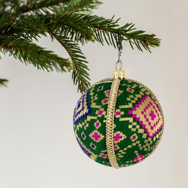 Alex Handmade Upcycled Bauble | 8cm Green with Gold Brocade | Pink & Purple Accents | Unique Christmas Ornament | Eco-Friendly Décor | Sustainable Elegant Tree Decoration
