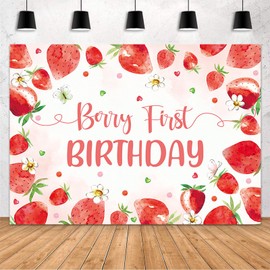 MEHOFOND 7x5ft Sweet Strawberry Happy 1st Birthday Backdrop Berry First Birthday Party Decorations Banner Strawberry Daisy Photography Background Strawberry Theme Berry First Birthday Party Supplies