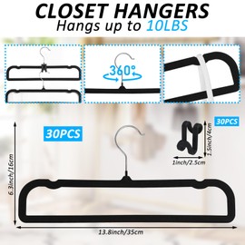 Pants Hangers Non Slip, 30 Pack Velvet Hanger for Closet with 30 Hooks, Strong Durable Space Saving Slim Pants Hanger, Ultra Thin & Space Saving Flocked Hangers for Pants/Shirts/Shorts/Bra (Black)