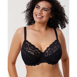 Delimira Women's Full Coverage Non-Foam Floral Lace Plus Size Underwired Bra Black 38D