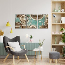 Zlove 3 Pieces Abstract Geometric Circle Canvas Wall Art Vintage Teal and Brown Circle Ring Picture for Bedroom Home Decor Ready to Hang 12x16inchx3pcs