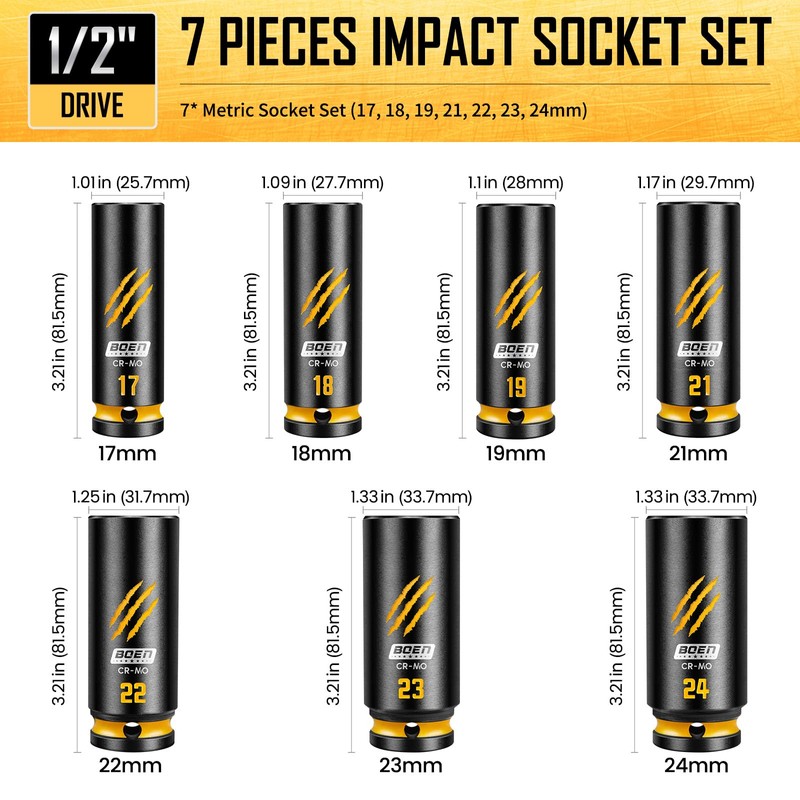 BOEN 7-Piece 1/2" Drive Impact Socket Set, Deep Metric Lug