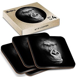 4 x Square Coasters - Black & White Gorilla Wild Animal Cork Backed MDF Glossy Tea Coffee Accessory #63024