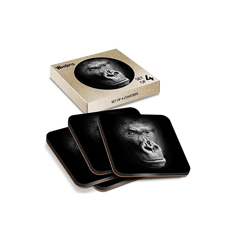 4 x Square Coasters - Black & White Gorilla Wild
