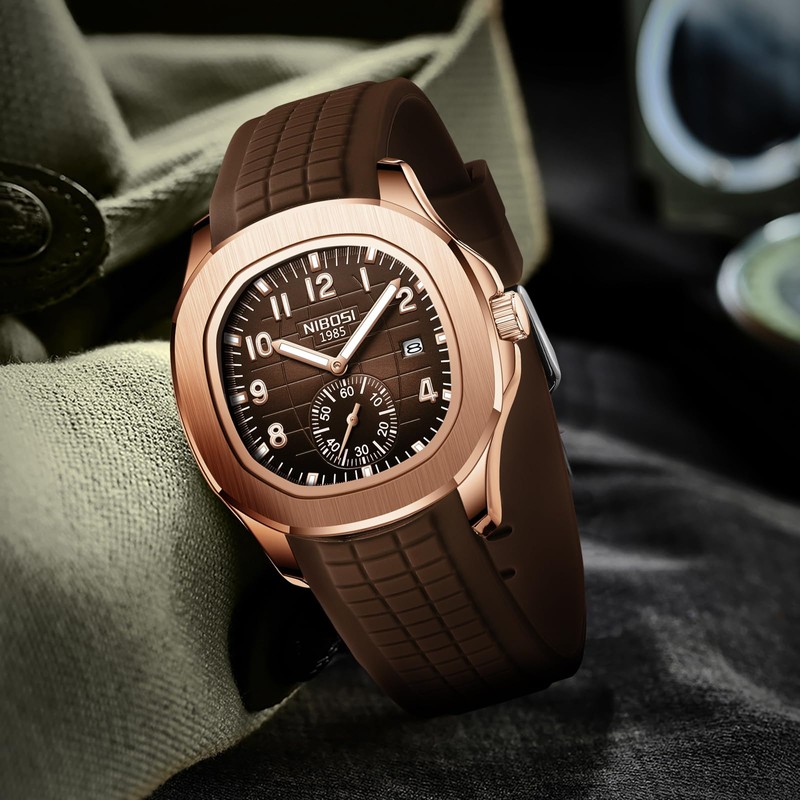 NIBOSI Men's Analog Watch, Brown Silicone Strap, Date Display