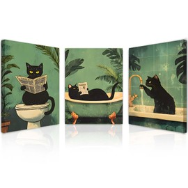 Qiukoo Set of 3 Framed Cat Bathroom Wall Art Pictures – Waterproof Canvas 12×16 in with Hooks, Durable Humorous Toilet Decor for Home & Bathroom, Funny Cat Toilet Art Prints for Indoor Use