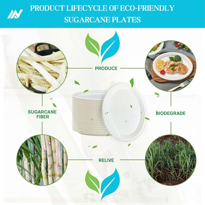 AAN 100% Compostable Biodegradable Paper Plates, Heavy-Duty Eco-Friendly Disposable Bagasse