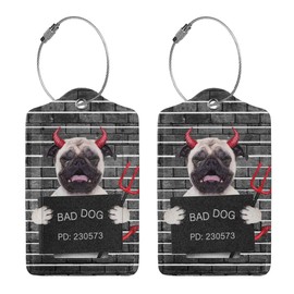 2 Pack Luggage Tags for Suitcase, Devil Pug Dog PU Leather Travel Luggage Tag with Privacy Flap, Name ID Label and Metal Loop for Women Men Suitcase Baggage Bag Backpack