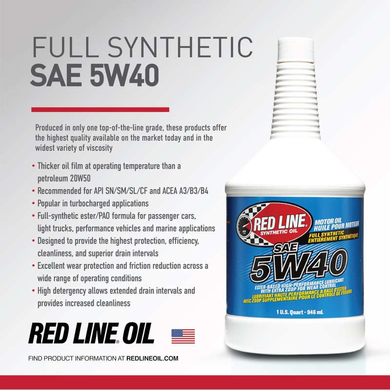 Red Line 15404 SAE 5W40 Fully Synthetic Motor Oil -