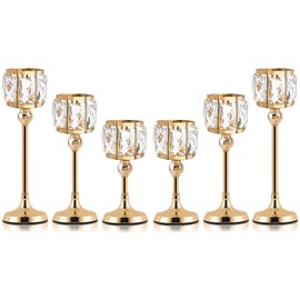 Kehail Crystal Tealight Candle Holders Set of 6 (9''/11''/13'') - Elegant Metal & Glass Centerpieces for Stunning Home Decor (Gold)