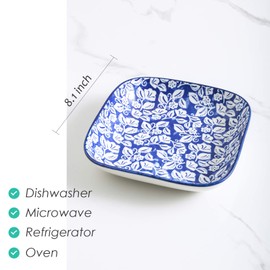 Selamica Porcelain 8-inch Square Dinner Plates, Salad Pasta Bowls, Set of 6, Vintage Blue