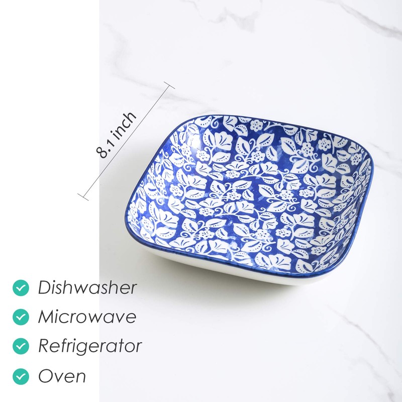 Selamica Porcelain 8-inch Square Dinner Plates, Salad Pasta Bowls, Set
