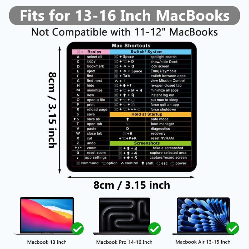 (3-Pack) Mac OS Shortcuts Sticker, Mac OS Shortcuts Sticker for