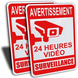 2 Packs de Avertissment 24 Heures Vidéos Signe, 7 Pouces par 10 Pouces, Rouge, Aluminium. 2 French Video Surveillance Signs. 7" x 10", Red, Aluminum. (2 Pack 7 X 10 signe de surveillance vidéo)