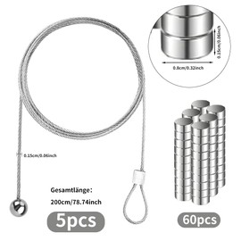 Photo Wire Rope, Pack of 5 Photo Wire with Magnets, Photo Rope Photo Wire Rope, Stainless Steel Wire Rope with 60 Button Magnets, Photo Chain Steel Rope with Eyelets and Hooks, Ideal for Photos, 2 m x