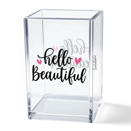 Vgrti Hello Beautiful Acrylic Makeup Brush Organizer Holder, Positive Affirmation Desk Acrylic Brushes Storage, Make Up Artist Gifts, Morning Affirmation Gifts for Her Wife Sister Friend Makeup Lover