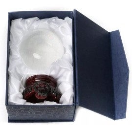 BALL Amlong Crystal 3 inch (80mm) Clear Crystal Ball with Redwood Lion Resin