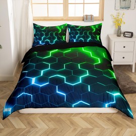 Homewish Single Bedding for Teenage Boy, Modern Honeycomb Duvet Cover Set for Kids Adults, Blue Green Gradient Bedding Sets for Boys Girls, Modern Geometric Hexagonal Duvet Cover Bedroom Decor