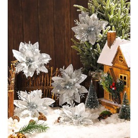 BLAZOR 20PCS Glitter Large Poinsettia Christmas Artificial Flowers Christmas Tree Floral Ornaments Decorations Xmas Tree Pendant Christmas Wreath (20PCS, Silver)