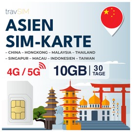 travSIM Asia SIM Card | 30 Days - 10GB | SIM Card Asia, Use in Macau, China, Hong Kong, Malaysia, Thailand, Singapore & More | Access to Google, Facebook, Whatsapp & More | No Roaming Costs