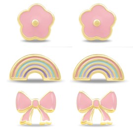 Gold Plated 3-Pair Set Bow Ribbon, Rainbow, Flower Mini Stud Earrings