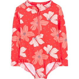 Simple Joys by Carter's Girls' Long Sleeve Zipper One Piece Swimsuit, Pink Floral, 18 Months
