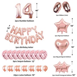 14th Rose Gold Birthday Party Decorations Pack 48PCS Banner Happy Birthday Decorations for Girls Women Party Supplies Happy Birthday Star Heart Rose Gold Foil Balloons Latex Balloons (14th)