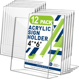 Aheroi 12Pcs Acrylic Sign Holder, 4x6 Clear Sign holders Paper Stand, L-shape Table Sign Holders Plastic Sign Holder Standing, Paper Display Stand for Menu Document Holder Office Desktop