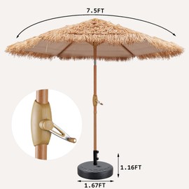 GDY 7.5 ft Tiki Patio Umbrella with Round Base, Hula Thatched Umbrella, Straw Grass Umbrella, Pool, Patio, Beach