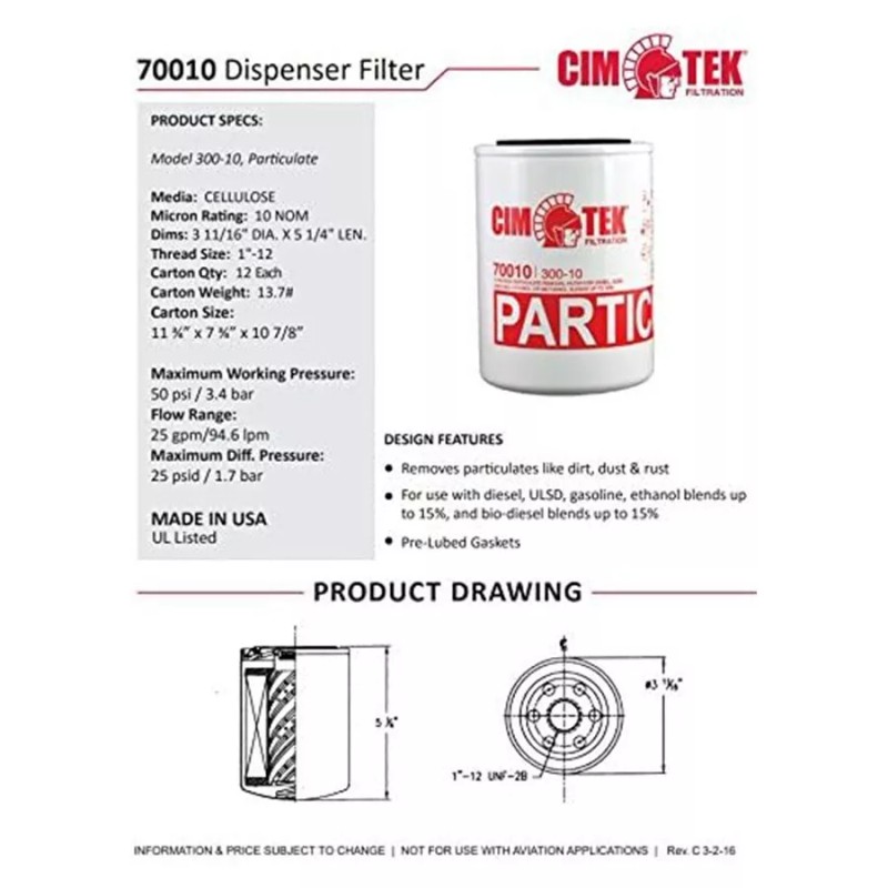 Cim-Tek 70010 Centurion Gas Filter 300-10, 10 Micron